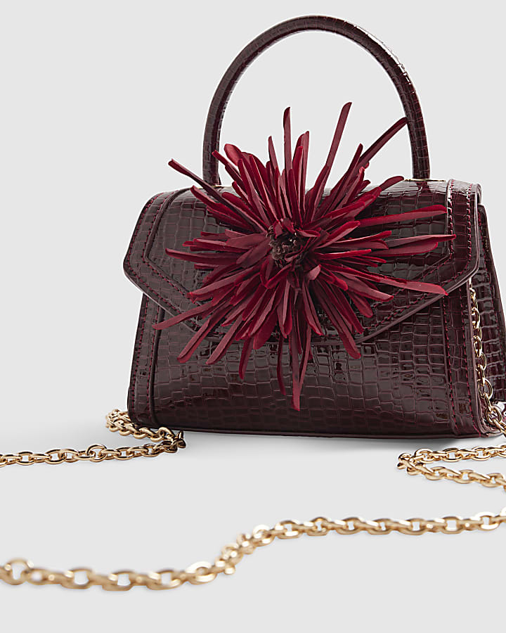 Red Croc Print Flower Clutch Bag