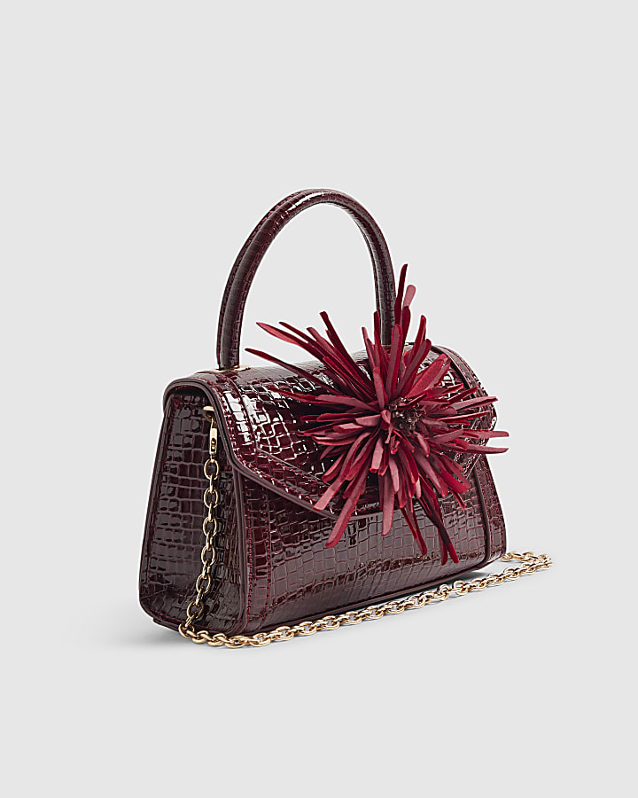 Red Croc Print Flower Clutch Bag