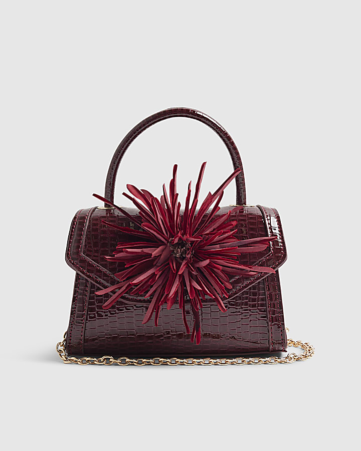 Red Croc Print Flower Clutch Bag