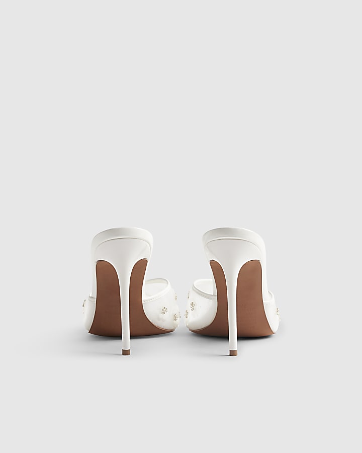 White Flower Mesh Mule Heels
