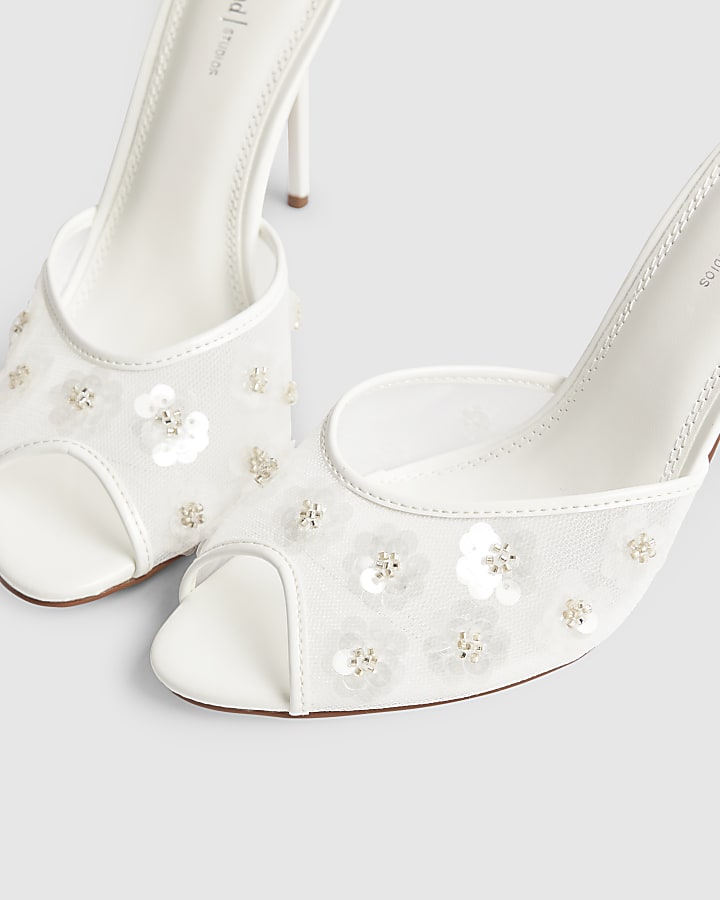 White Flower Mesh Mule Heels