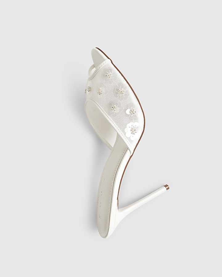 White Flower Mesh Mule Heels