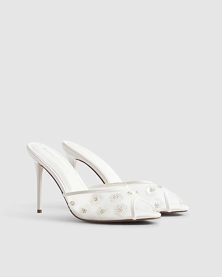 White Flower Mesh Mule Heels