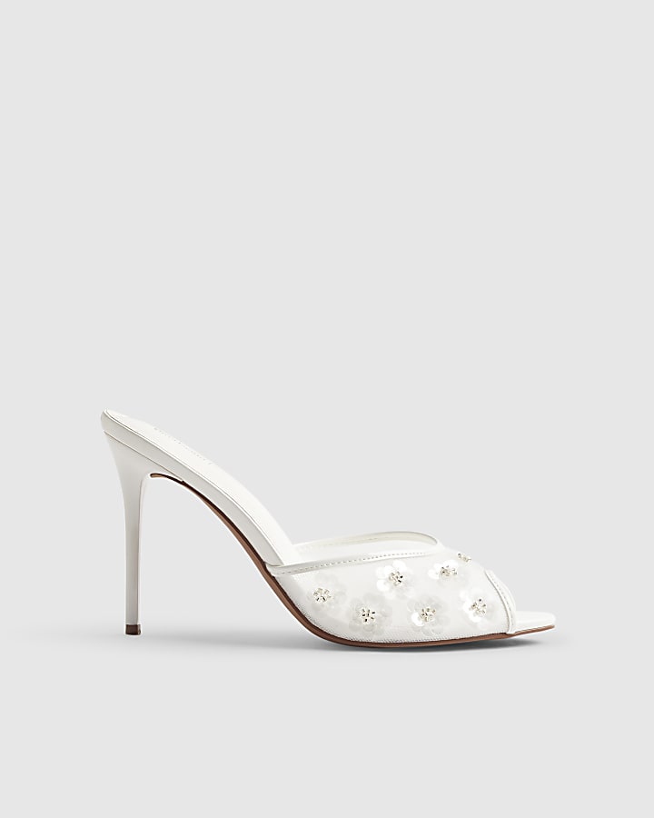 White Flower Mesh Mule Heels