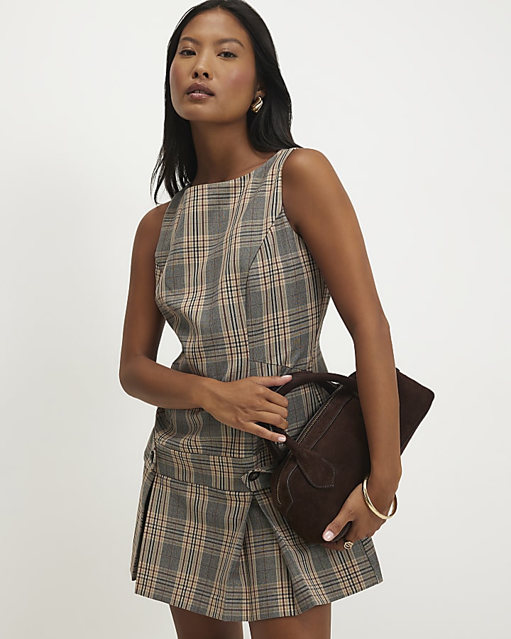 Petite Grey Check Mini Pinafore Dress