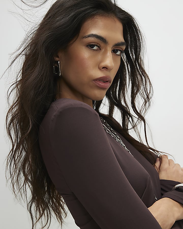 Brown Shoulder Padded Longline Asymmetric Top