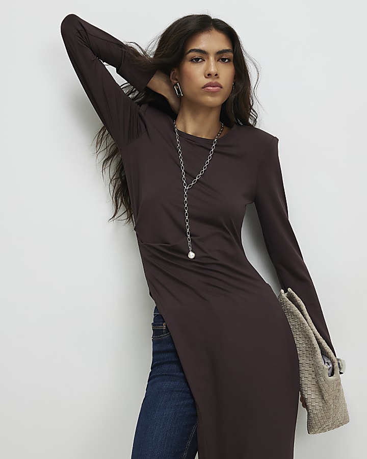 Brown Shoulder Padded Longline Asymmetric Top