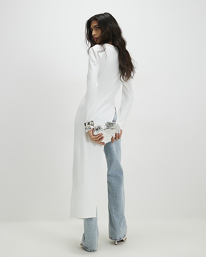 Cream Long Sleeve Longline Asymmetric Top