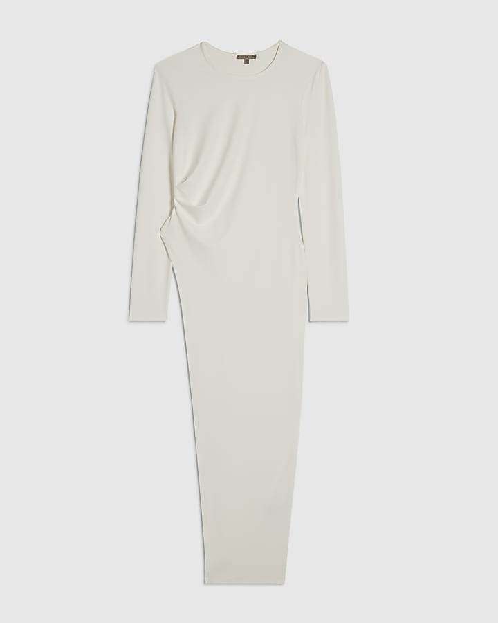 Cream Long Sleeve Longline Asymmetric Top