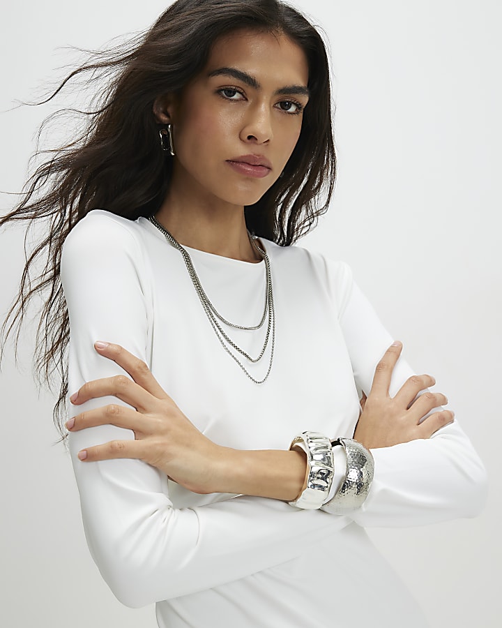 Cream Long Sleeve Longline Asymmetric Top