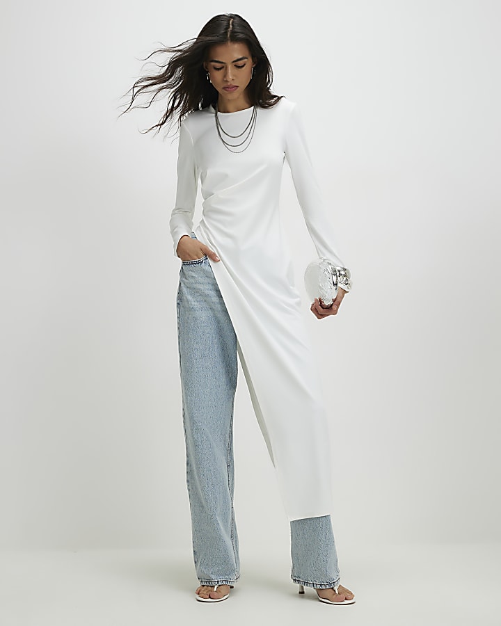 Cream Long Sleeve Longline Asymmetric Top