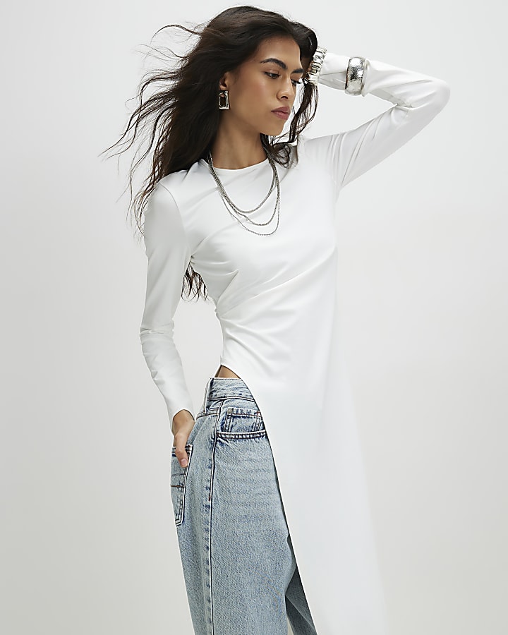 Cream Long Sleeve Longline Asymmetric Top