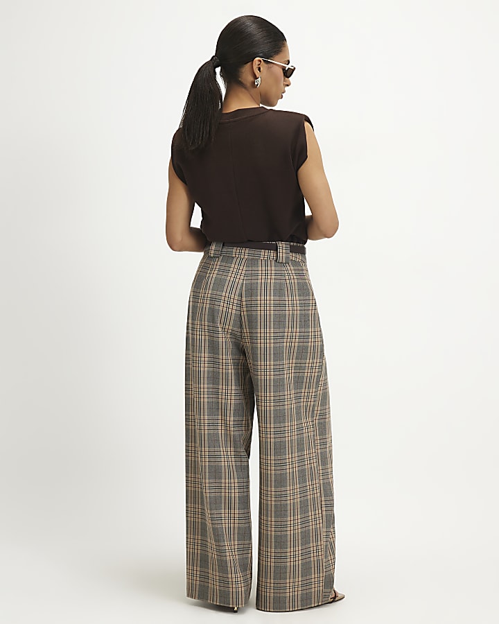 Petite Grey Belted Check Wide Leg Trousers