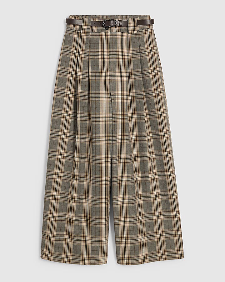 Petite Grey Belted Check Wide Leg Trousers