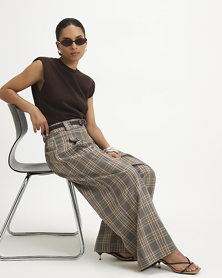 Petite Grey Belted Check Wide Leg Trousers