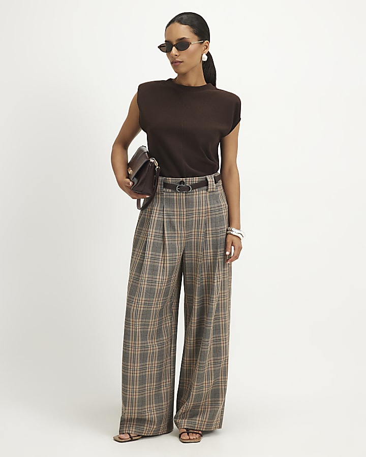 Petite Grey Belted Check Wide Leg Trousers