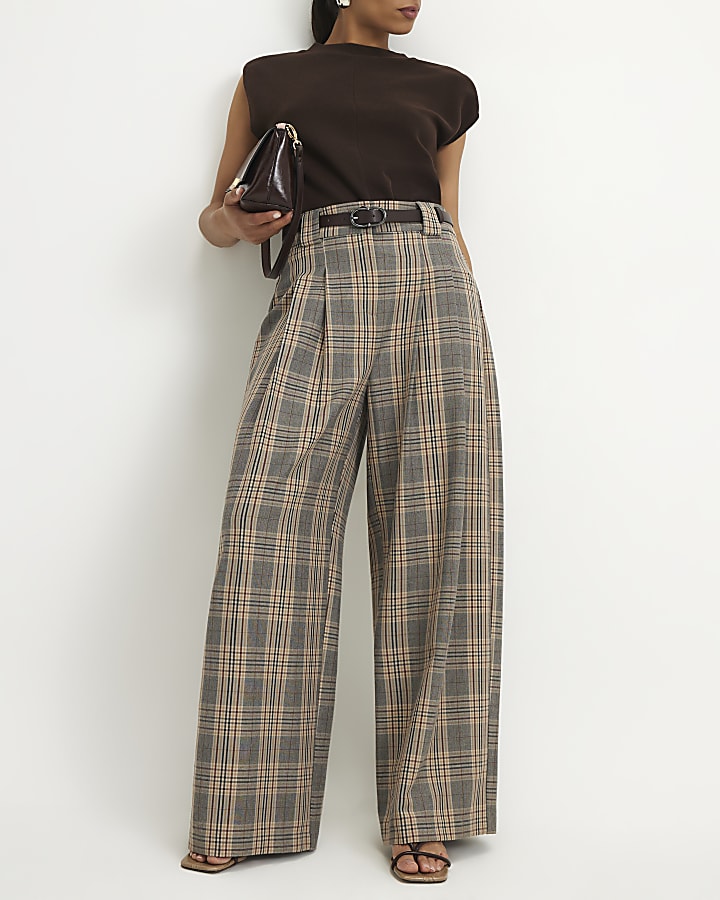 Petite Grey Belted Check Wide Leg Trousers