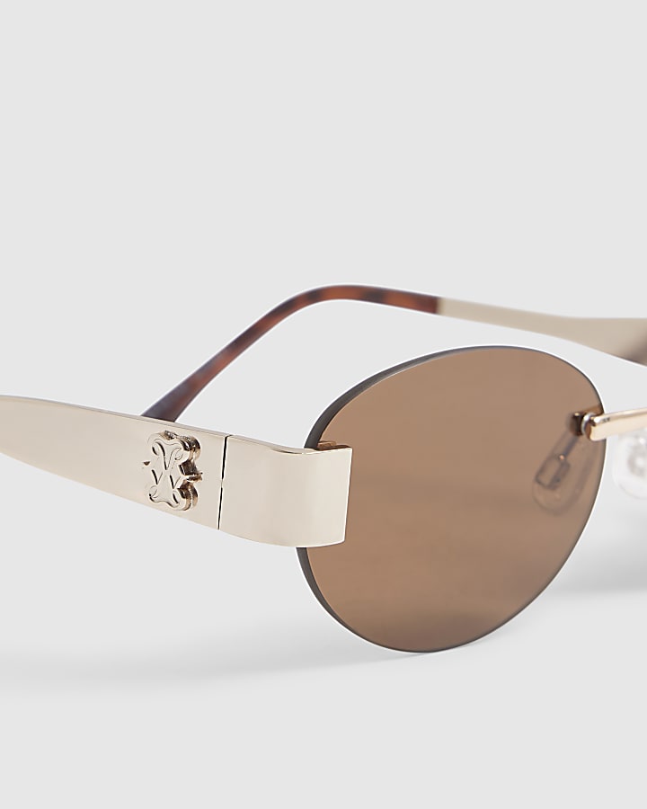 Brown Frameless Round Slim Sunglasses