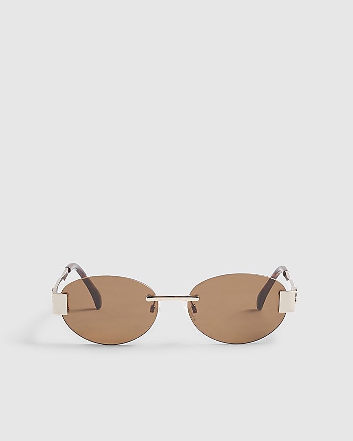 Brown Frameless Round Slim Sunglasses