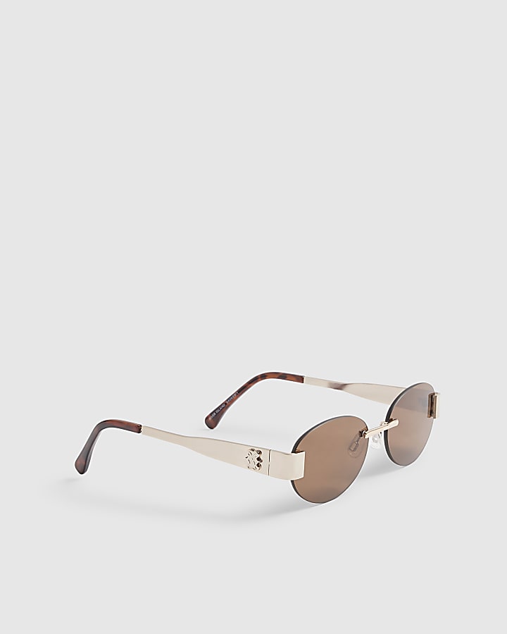 Brown Frameless Round Slim Sunglasses