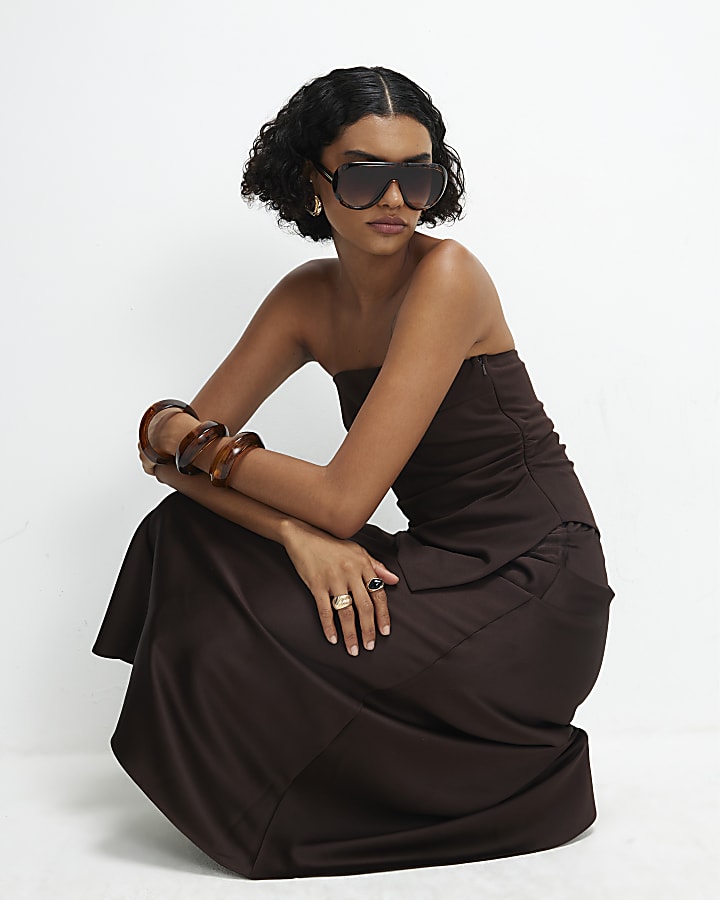 Brown Bandeau Hybrid Maxi Dress