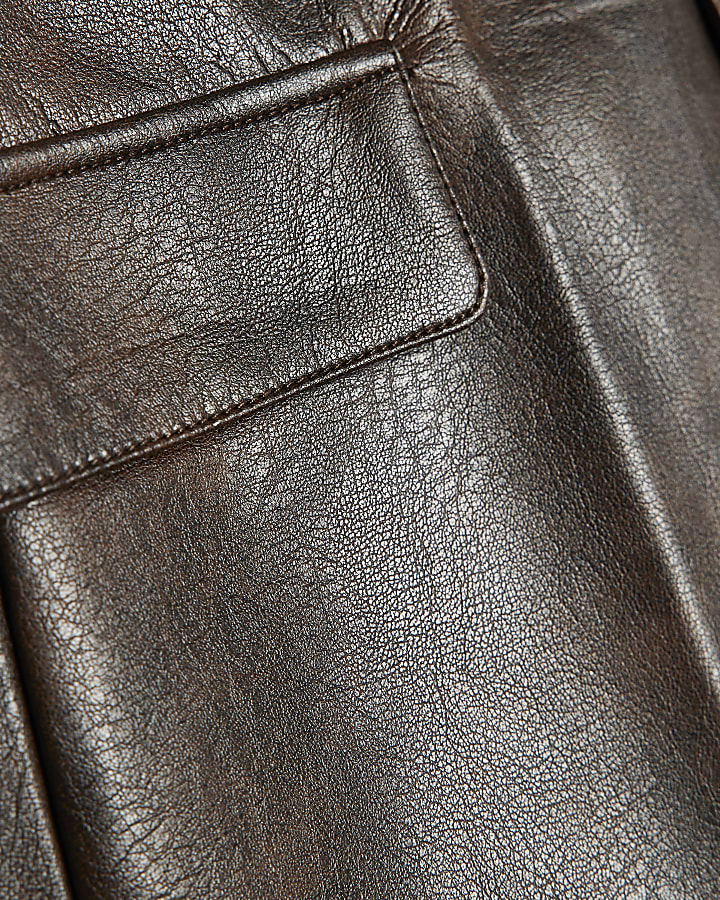Petite Brown Washed Faux Leather Mini Skirt