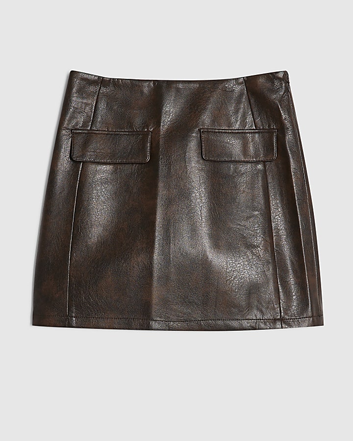 Petite Brown Washed Faux Leather Mini Skirt