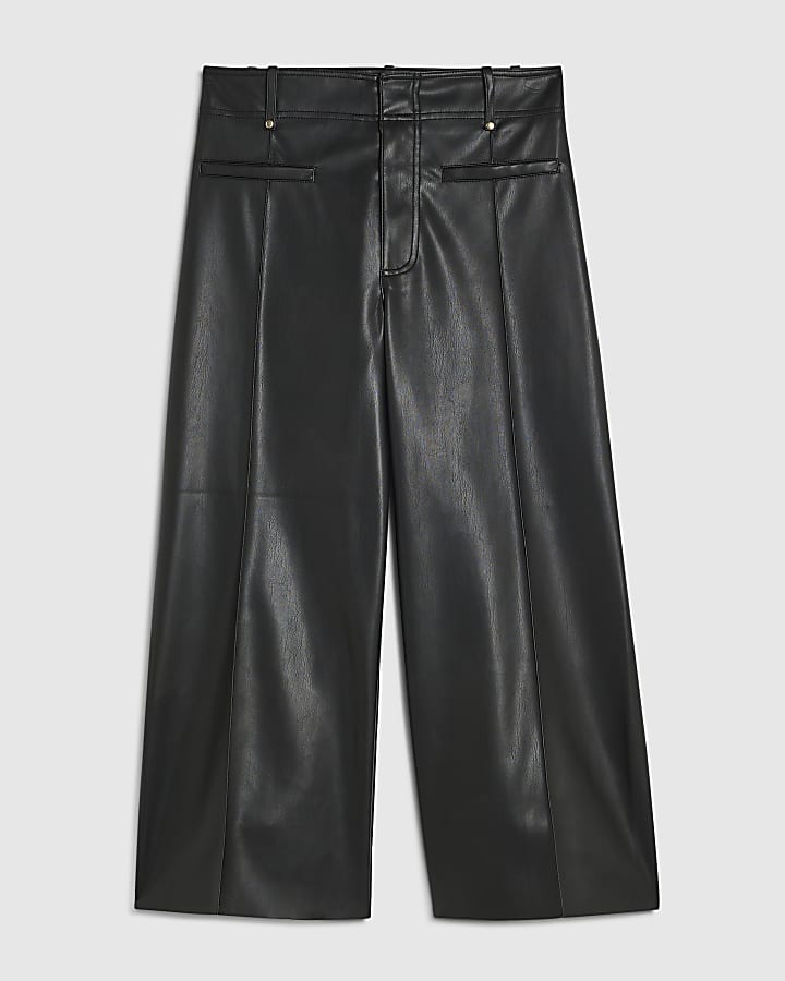 Petite Black Faux Leather Seam Crop Trousers