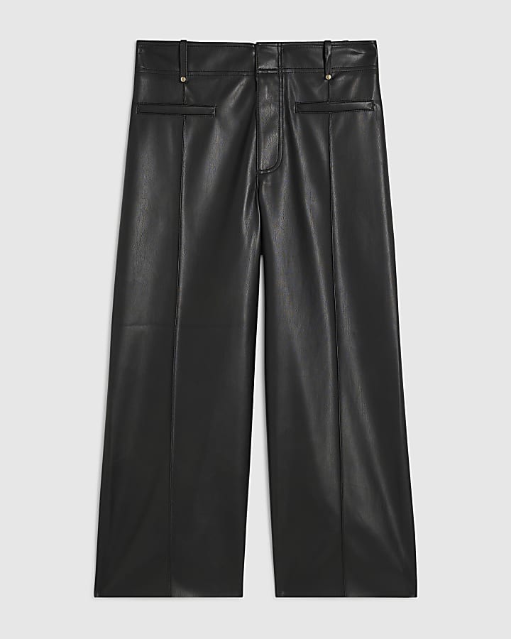 Petite Black Faux Leather Seam Crop Trousers