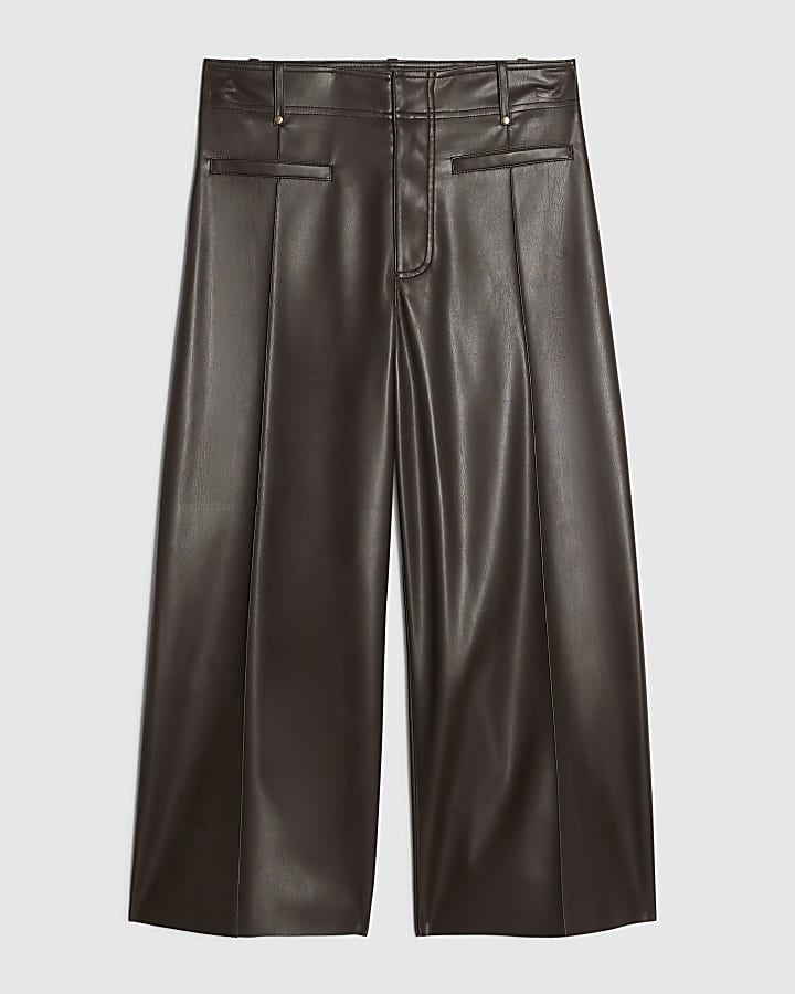 Petite Brown Faux Leather Crop Trousers