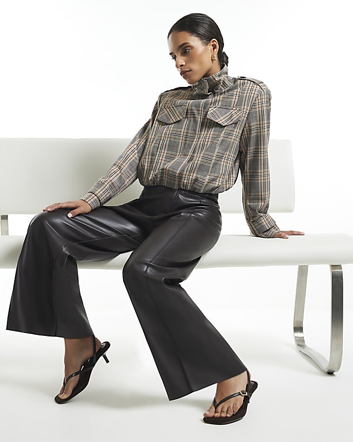 Petite Brown Faux Leather Crop Trousers