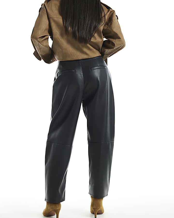 Petite Black Faux Leather Barrel Leg Trousers