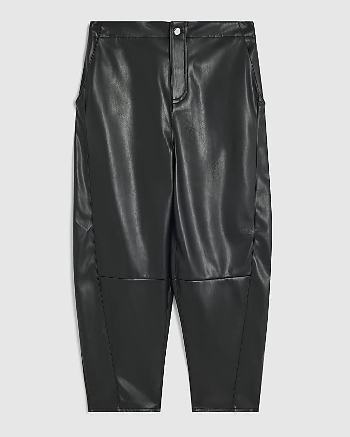 Petite Black Faux Leather Barrel Leg Trousers