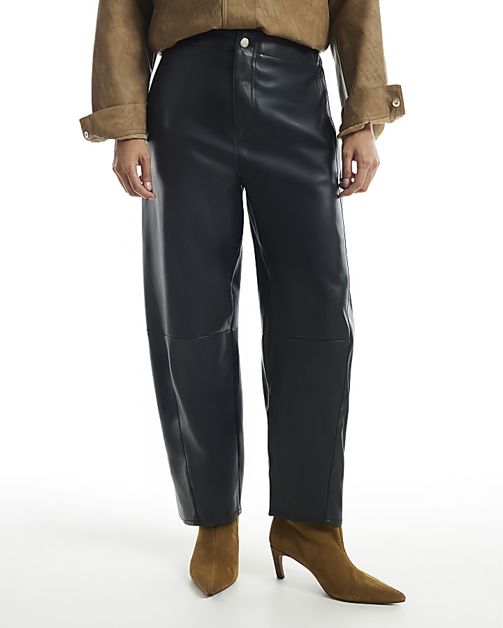 Petite Black Faux Leather Barrel Leg Trousers