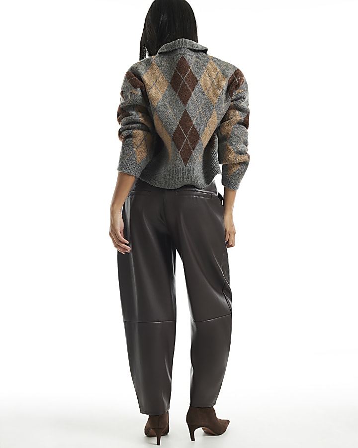 Petite Brown Faux Leather Barrel Leg Trousers