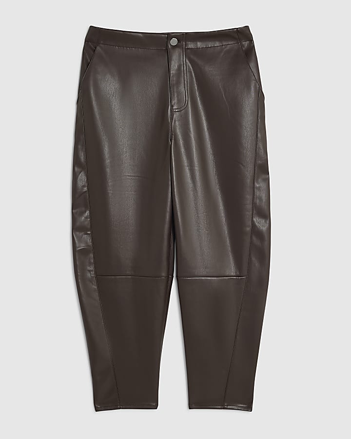 Petite Brown Faux Leather Barrel Leg Trousers