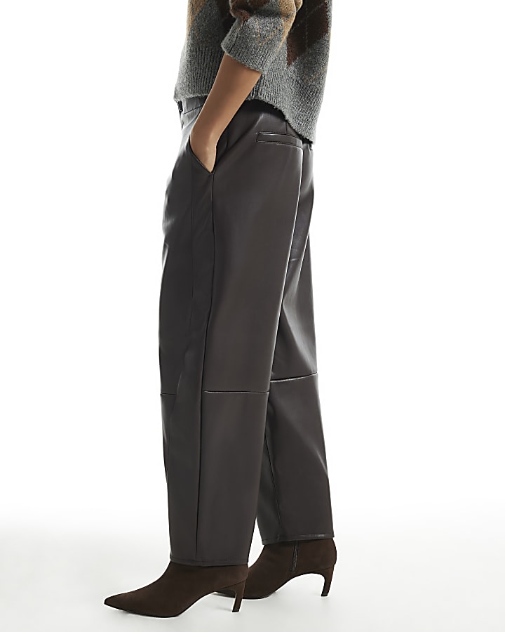 Petite Brown Faux Leather Barrel Leg Trousers