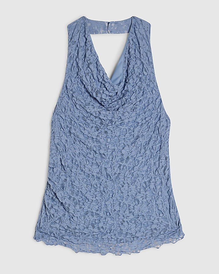 Blue Lace Halter Neck Cowl Neck Top