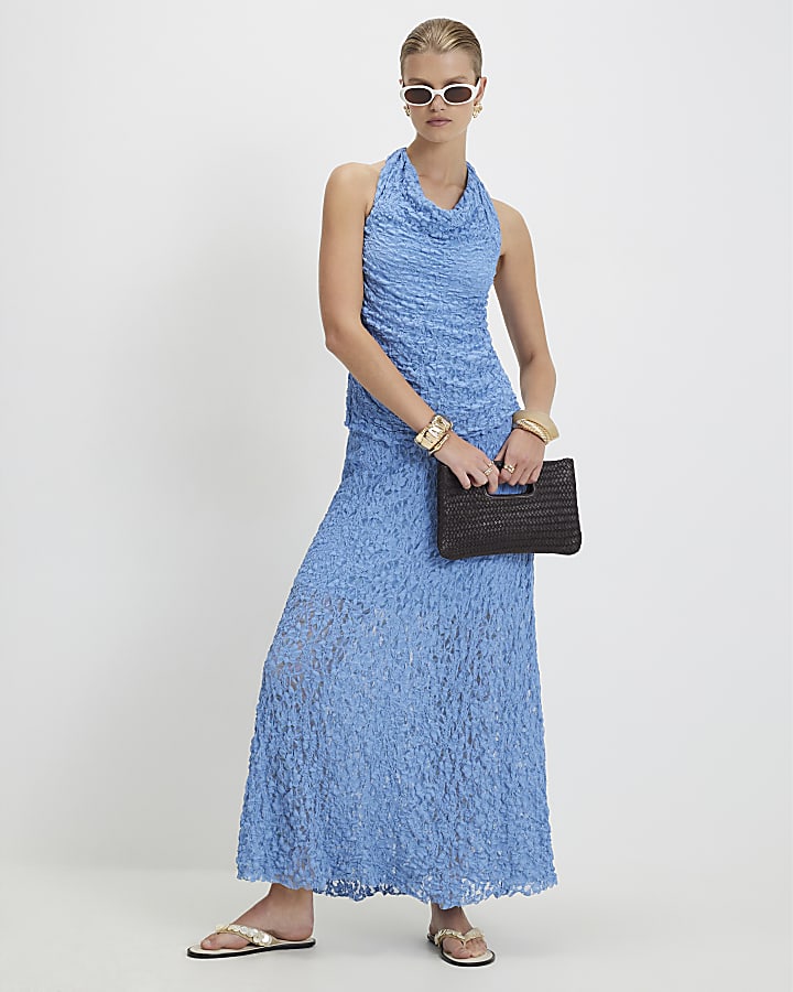 Blue Lace Halter Neck Cowl Neck Top