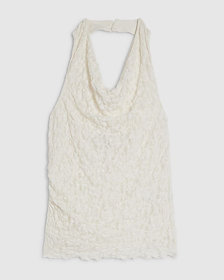 White Lace Halter Cowl Neck Top