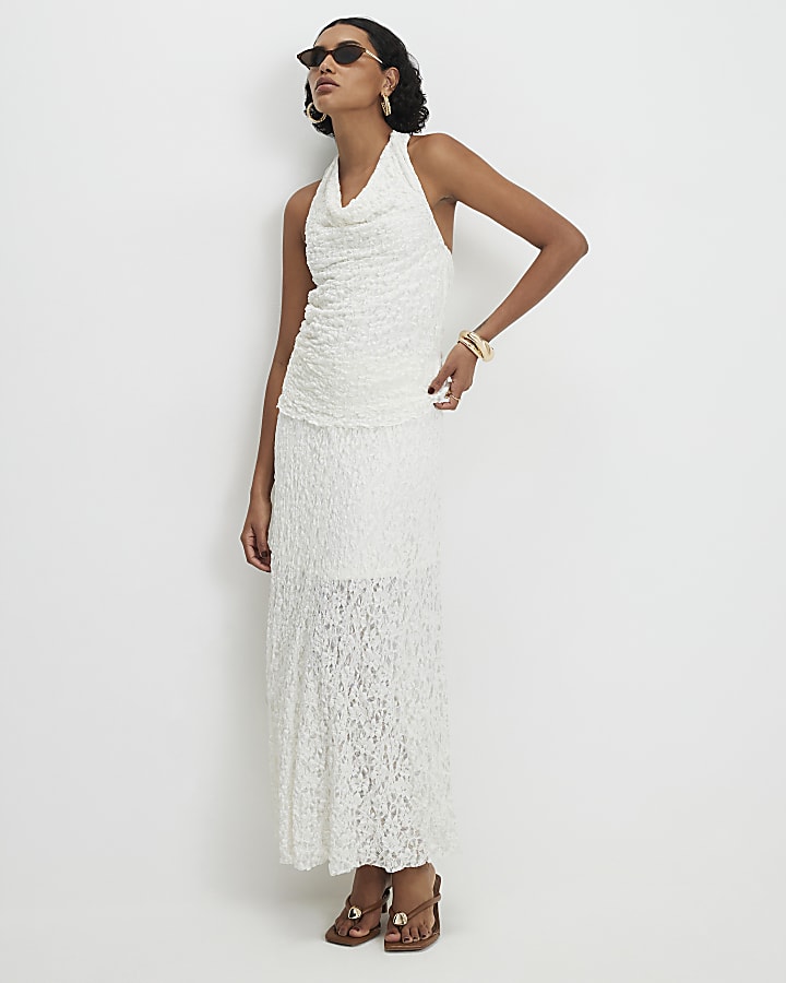 Cream Lace Halter Cowl Neck Top