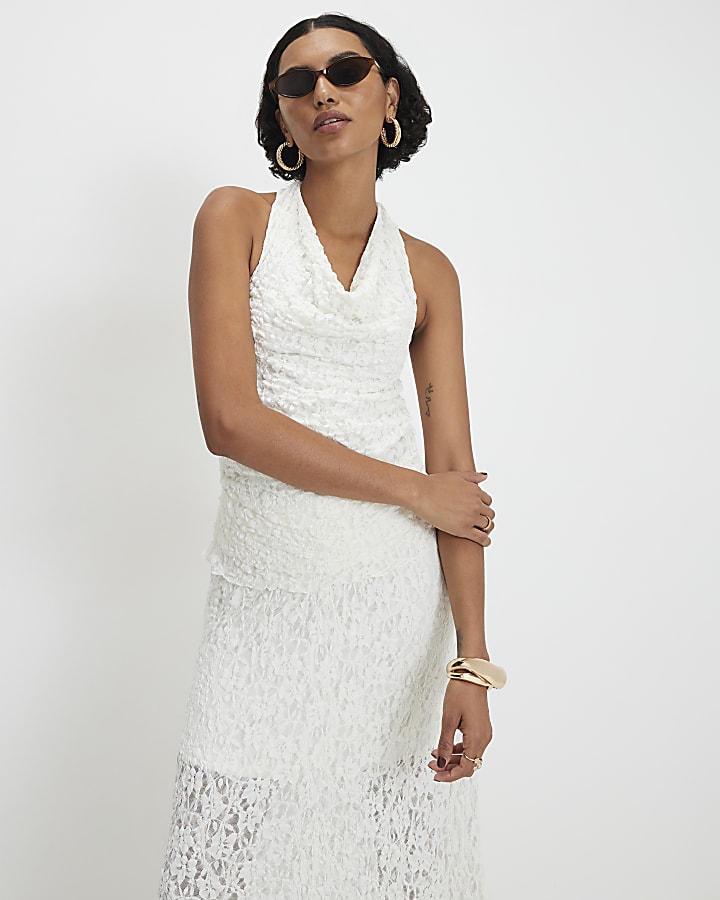 Cream Lace Halter Cowl Neck Top