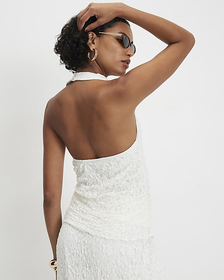 Cream Lace Halter Cowl Neck Top