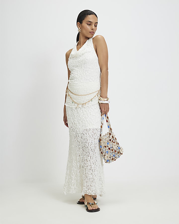 Petite Cream Lace Halter Cowl Neck Top