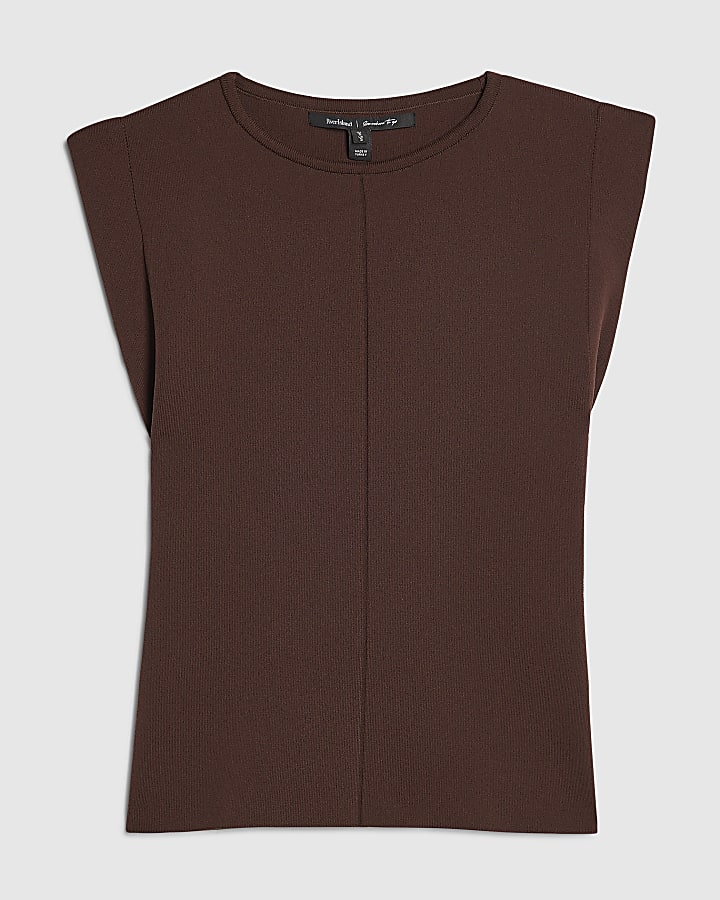 Brown Fitted Knit Sleeveless Top
