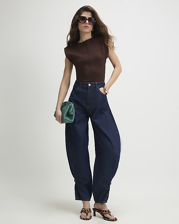 Brown Fitted Knit Sleeveless Top