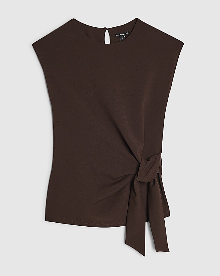 Brown Sleevless Tie Side Top