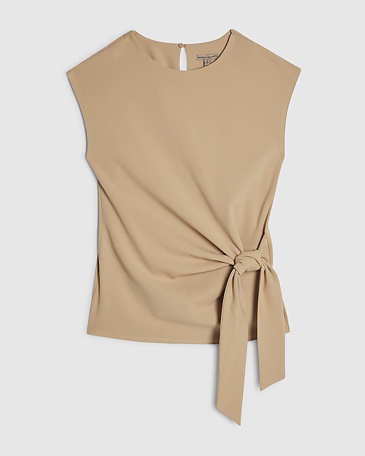 Beige Short Sleeve Tie Side Top