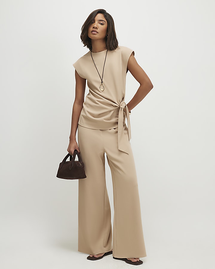 Beige Short Sleeve Tie Side Top