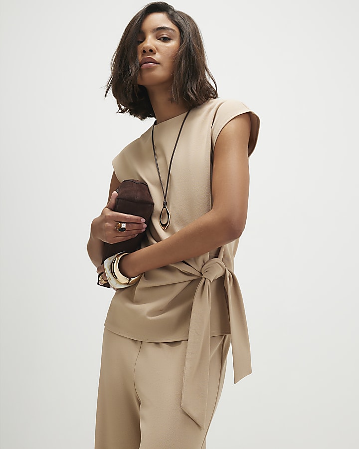 Beige Short Sleeve Tie Side Top
